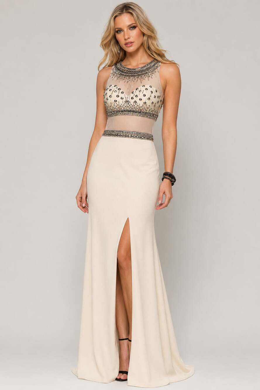 Shail K 1135 Dress Gown Ivory Beaded Illusion Bodice High Slit NWT Size: 6 NWT